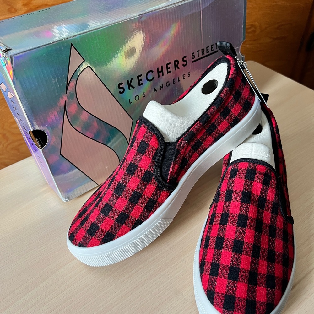 Skechers Red and Black Plaid Sneakers